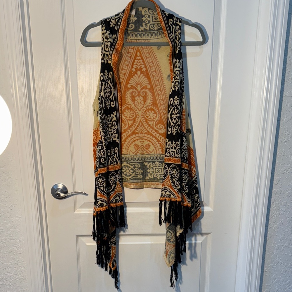 Christina Orange and Black Patterned Tunic Vest Fringe Size M